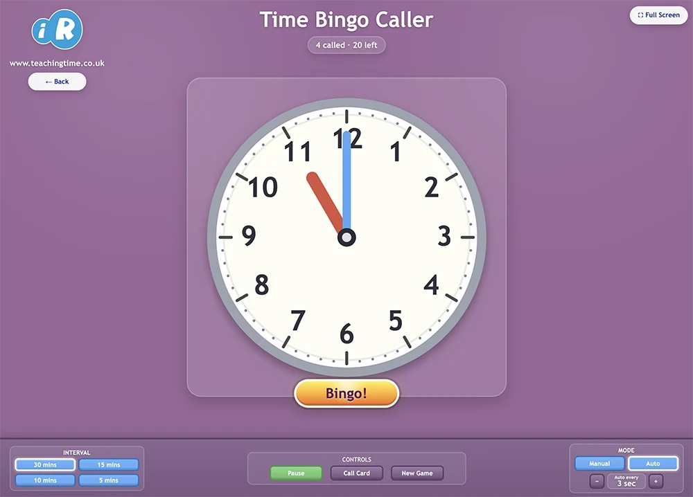 Time Bingo Caller showing a large analogue clock and classroom bingo controls