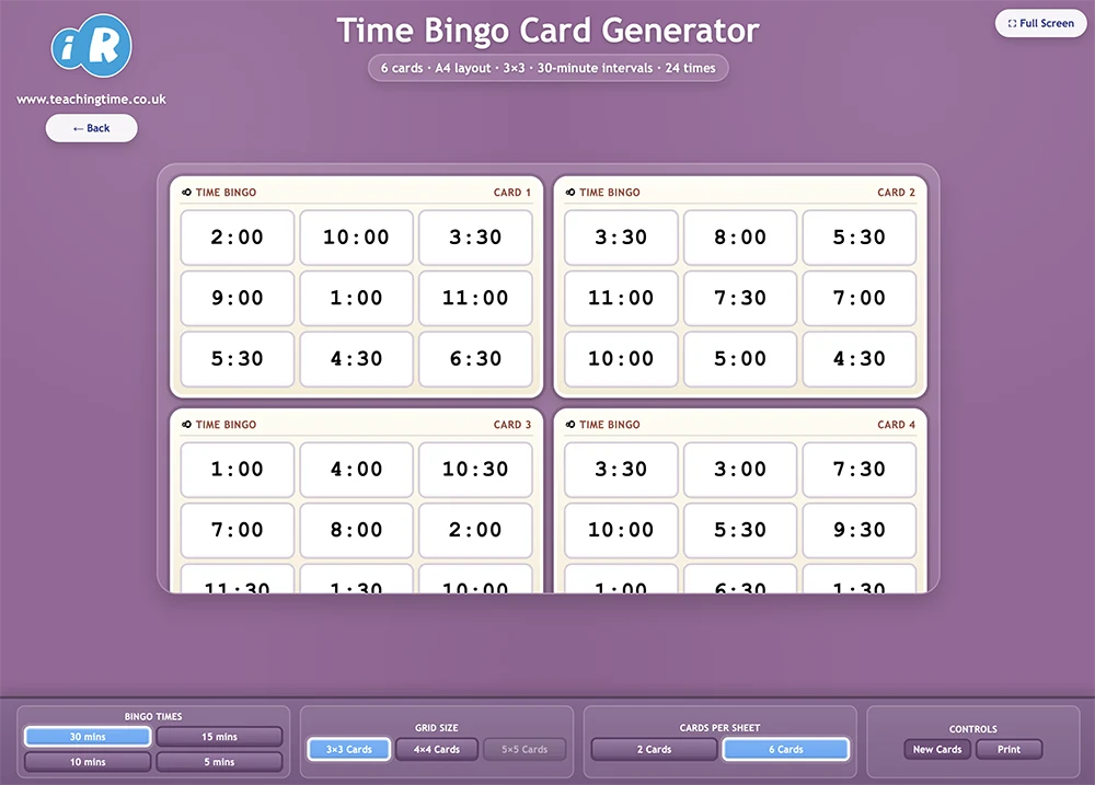 Time Bingo Card Generator showing printable time bingo cards and card options