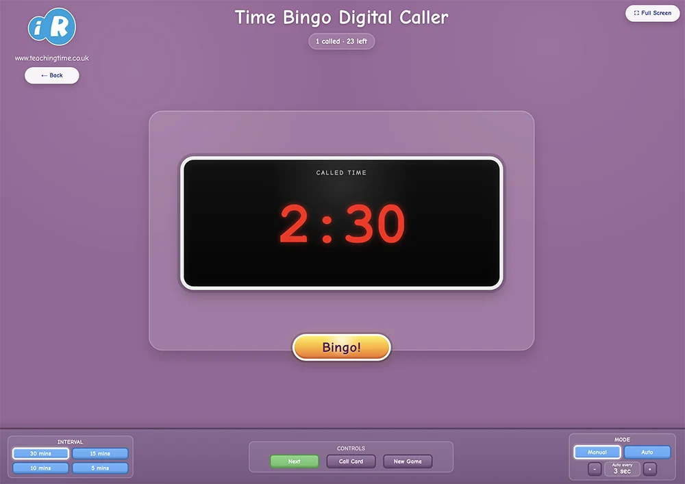 Time Bingo Digital Caller showing a large digital classroom display and bingo controls