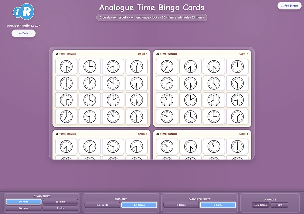 Analogue Time Bingo Card Generator showing printable clock bingo cards for digital time practice