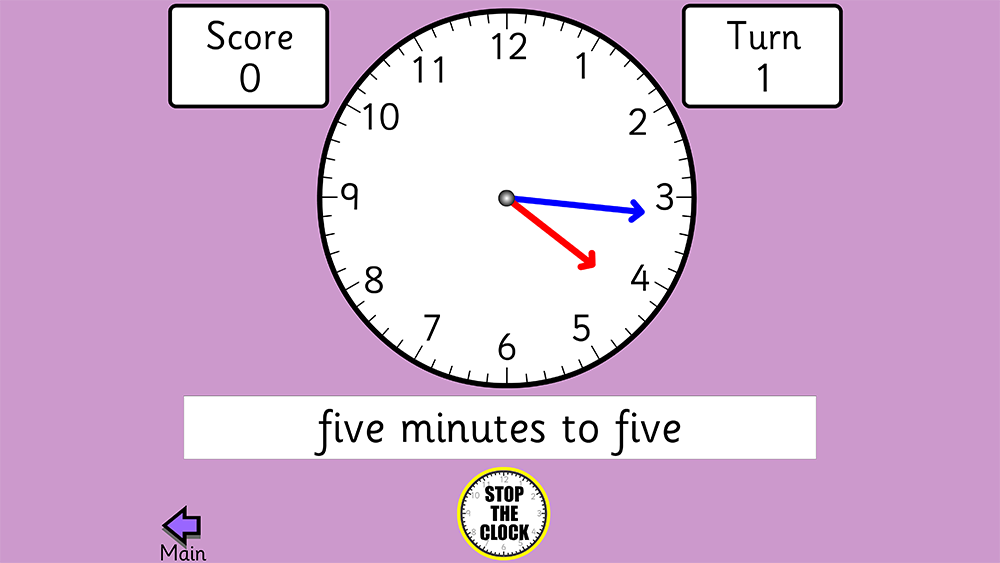 Interactive clock game where players stop moving hands at the correct time