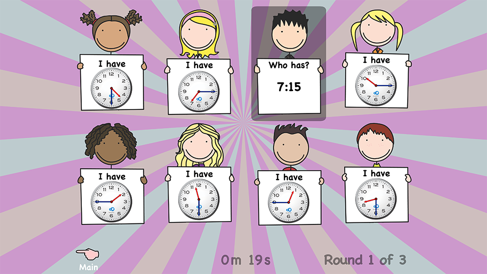 Play I Have, Who Has? 15-minute intervals time game