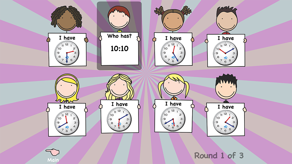 Play I Have, Who Has? 5-minute intervals time game