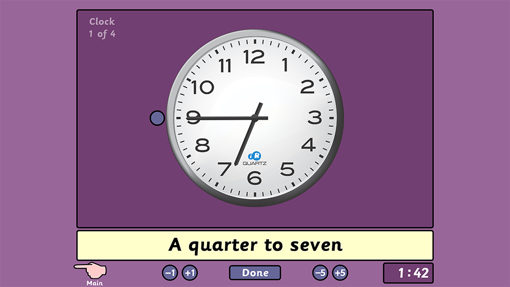 Analogue clock game for practising time in words by moving the minute hand