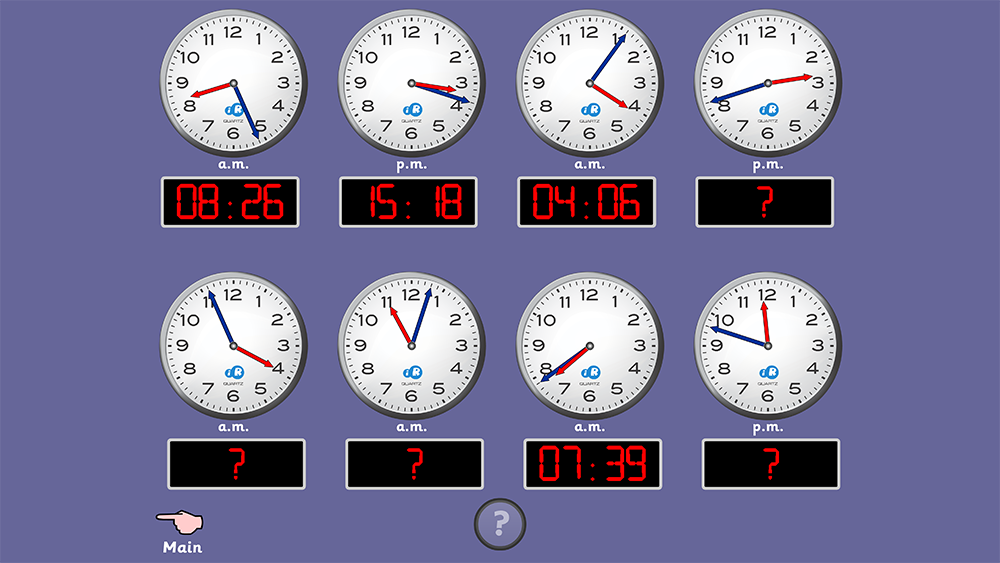 Telling the time teaching tool with multiple analogue clocks and digital time answers