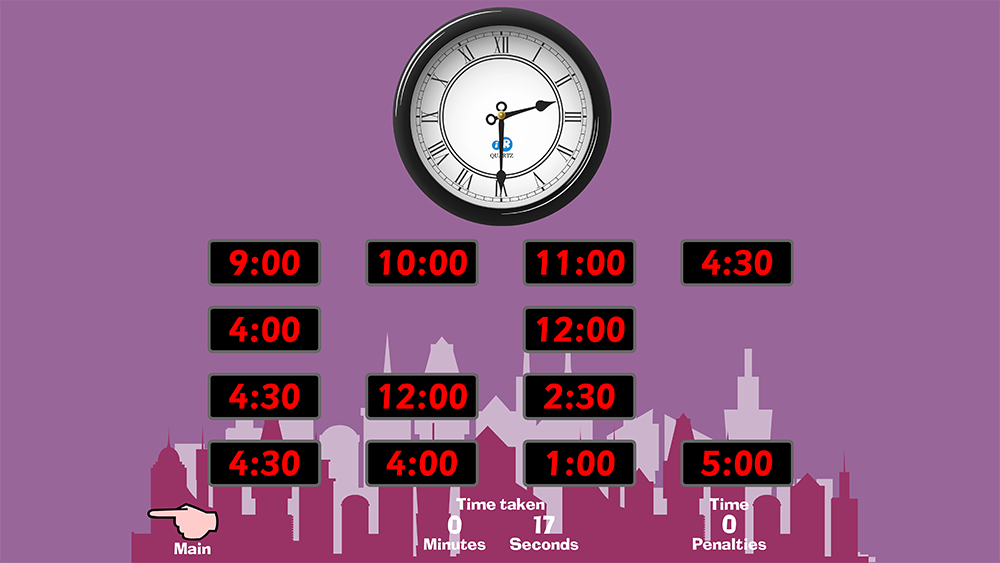 Roman numeral clock game for reading time and matching digital times