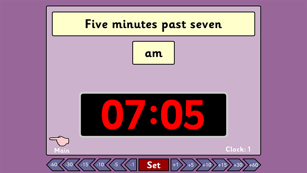 Digital clock game where children set the time from words