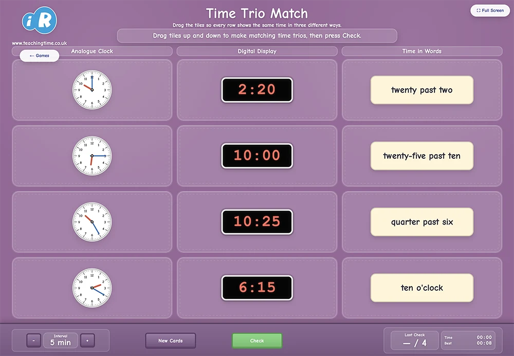 Time Trio matching analogue digital and word times game