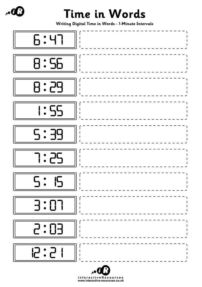 Writing digital times in Words to 1-Minute intervals worksheet preview