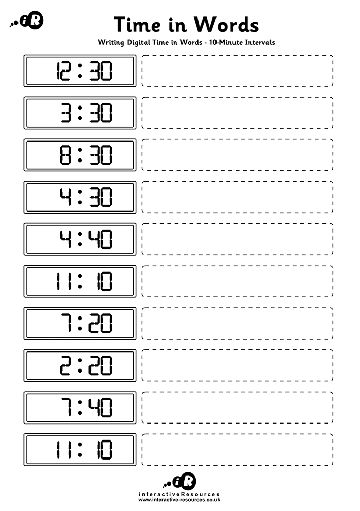 Writing digital times in Words to 10-Minute intervals worksheet preview