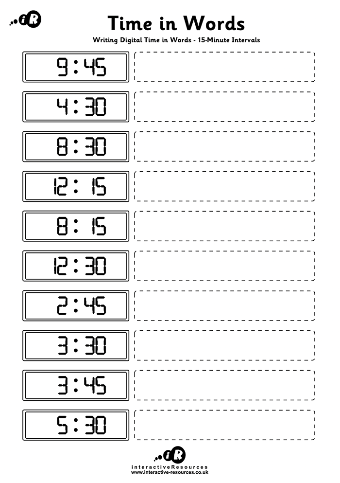 Writing digital times in Words to half hour or quarter hour worksheet preview