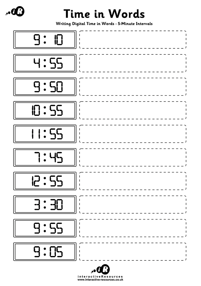 Writing digital times in Words to 5-Minute intervals worksheet preview