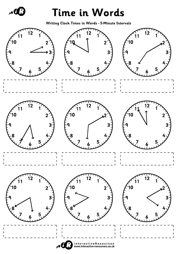 Writing clock times in Words to 5-Minute intervals worksheet preview