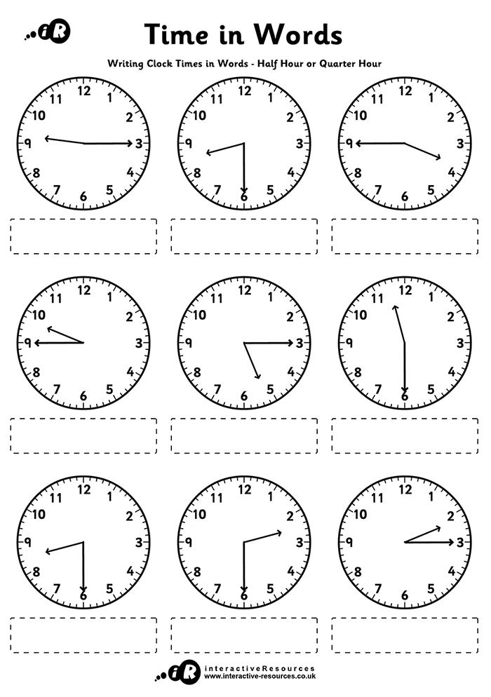 Writing clock times in Words to half hour or quarter hour worksheet preview