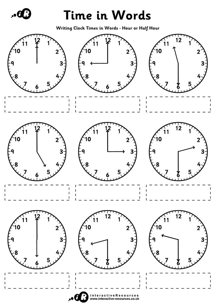 Writing clock times in Words to hour or half hour worksheet preview