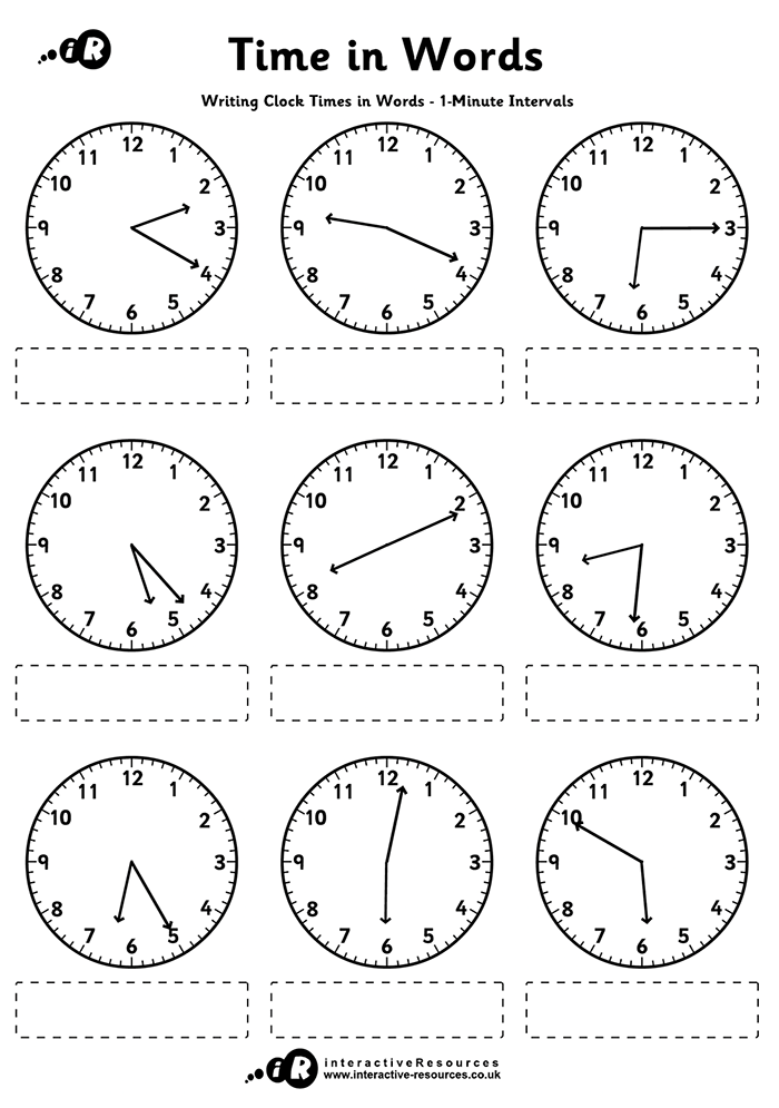 Writing clock times in Words to 1-Minute intervals worksheet preview