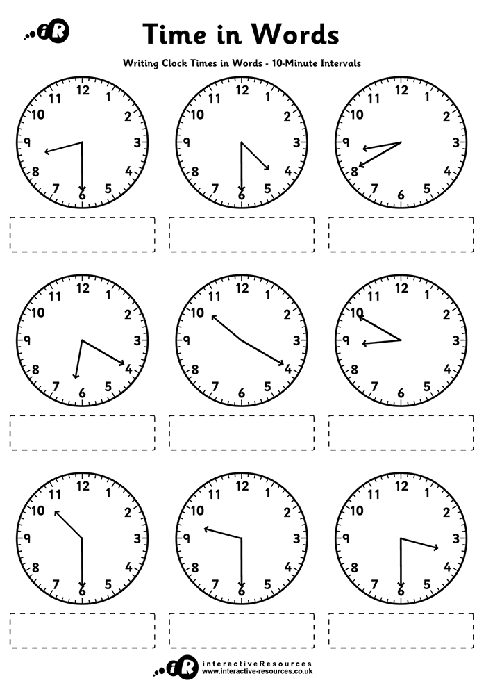 Writing clock times in Words to 10-Minute intervals worksheet preview