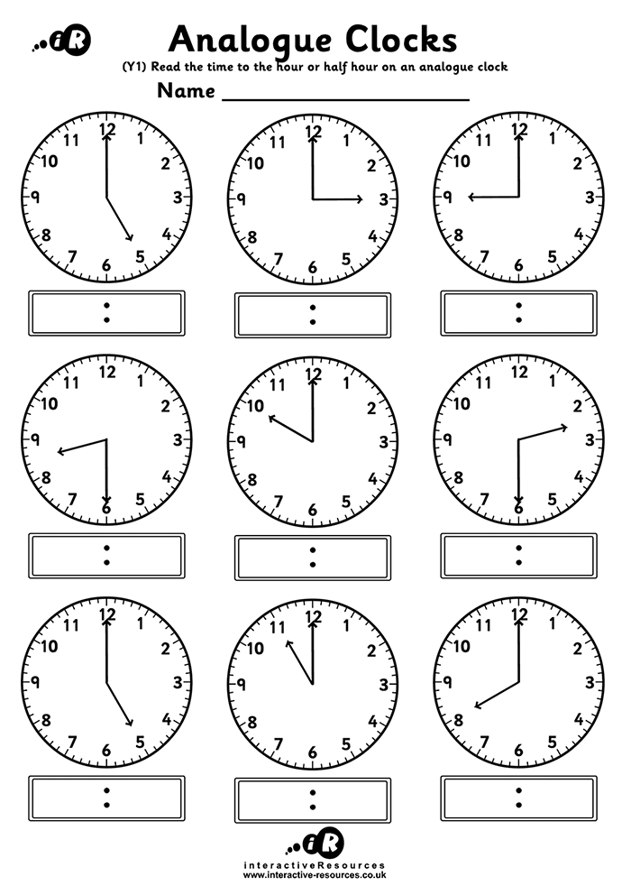 9 Clocks Worksheet. Read the time to the hour or half hour on an analogue clock.