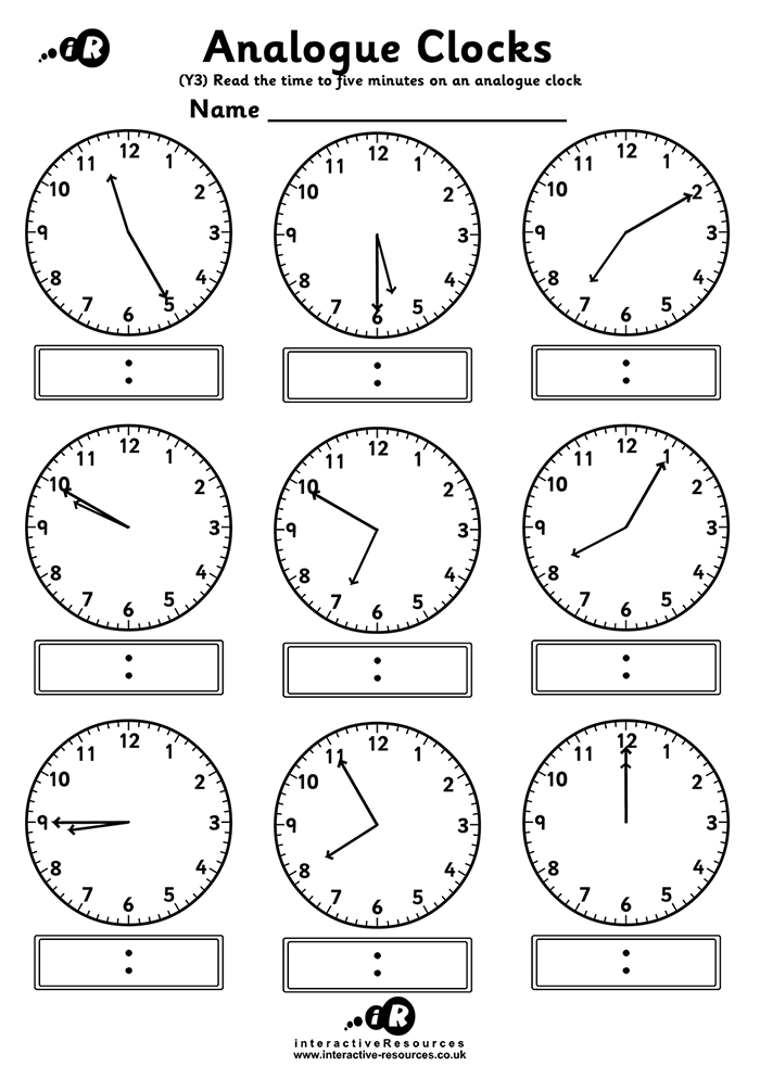 9 Clocks Worksheet. Read the time to five minutes on an analogue clock.