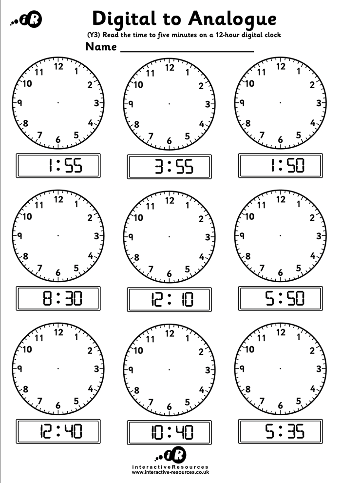 9 Clocks. Read the time to five minutes on a 12-hour digital clock.