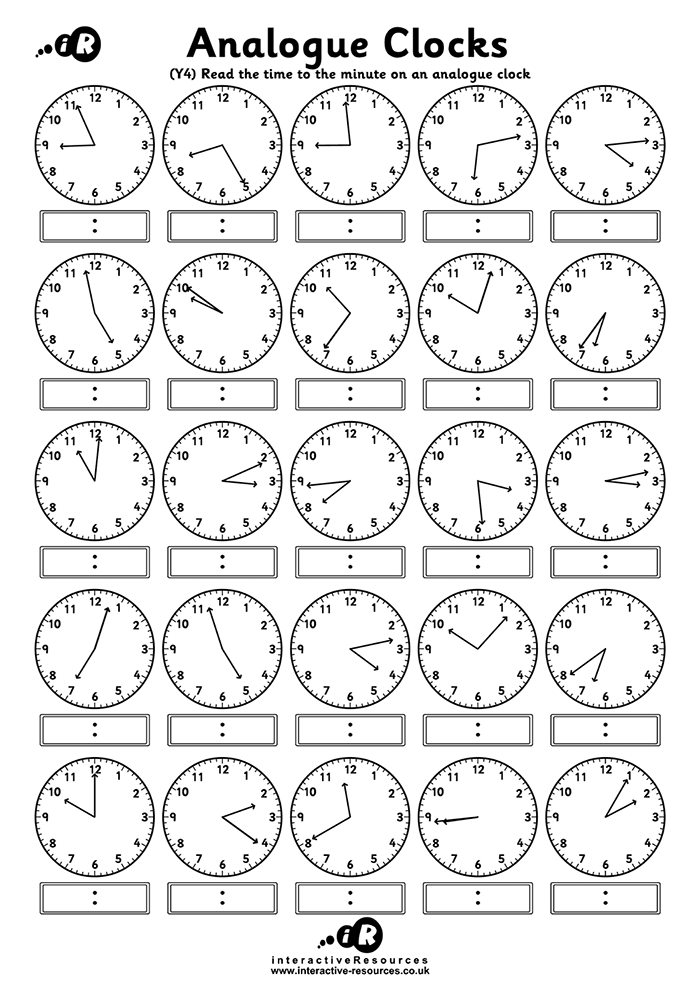 25 Clocks Worksheet. Read the time to the minute on an analogue clock.