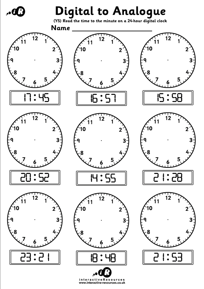 9 Clocks. Read the time to the minute on a 24-hour digital clock.