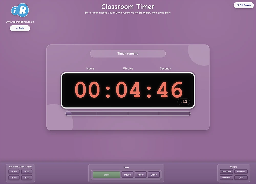 Classroom Timer screenshot with large countdown display and simple controls