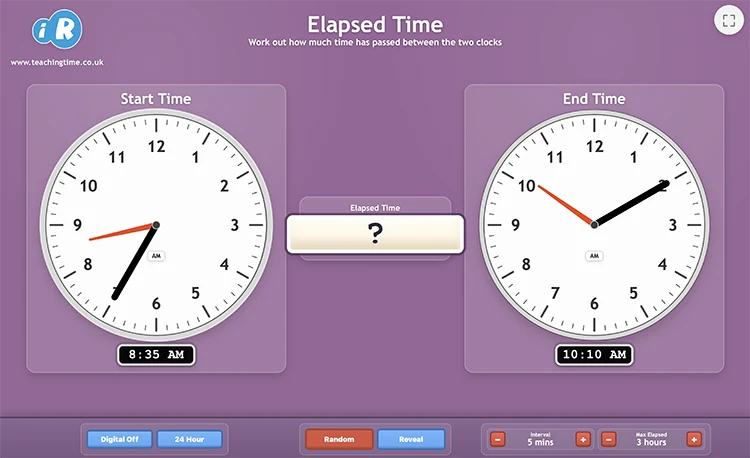 Elapsed Time teaching tool screenshot comparing start and end times