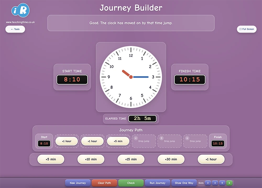 Journey Builder screenshot with clock, journey path and elapsed time controls