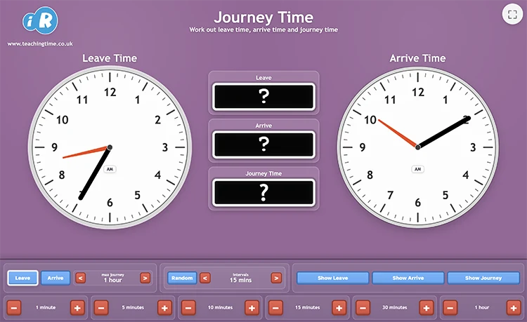 Journey Time teaching tool screenshot with leave time, arrive time and journey time reveal boxes
