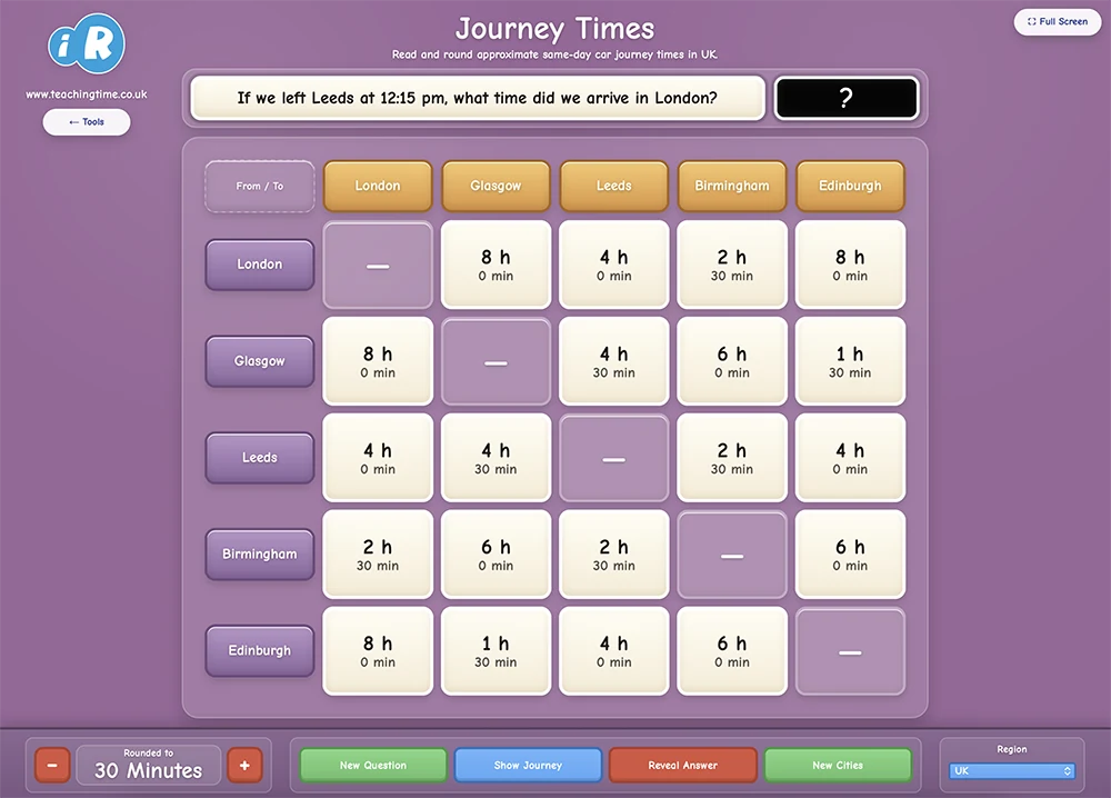 Journey Times Grid screenshot showing a classroom journey time grid activity
