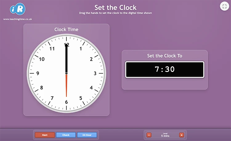 Set the Analogue Clock screenshot with draggable clock hands and digital target time
