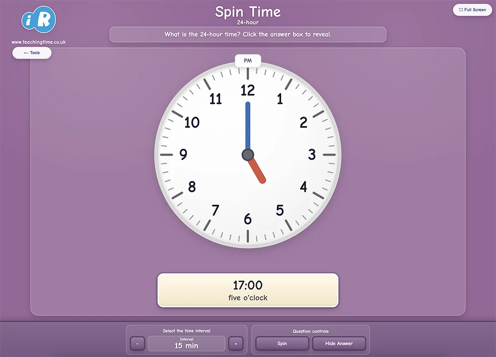 Spin Time 24-Hour screenshot with analogue clock and 24-hour digital answer panel