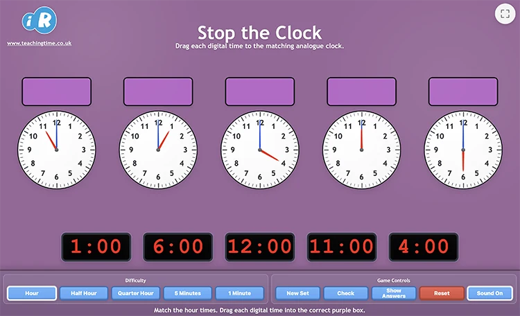 Stop the Clock 12-hour matching activity screenshot with analogue clocks and digital times