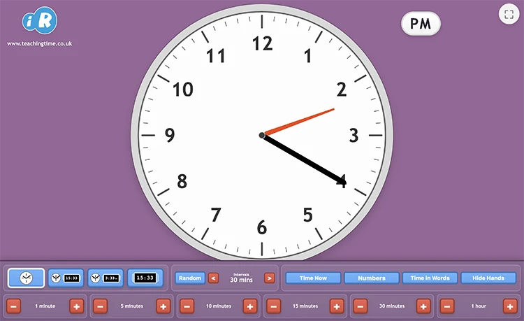 Teaching Clock classroom tool screenshot with large analogue clock and controls