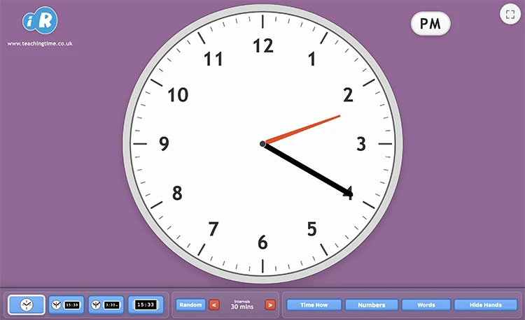 Time in Words teaching clock screenshot with large analogue clock and time format controls