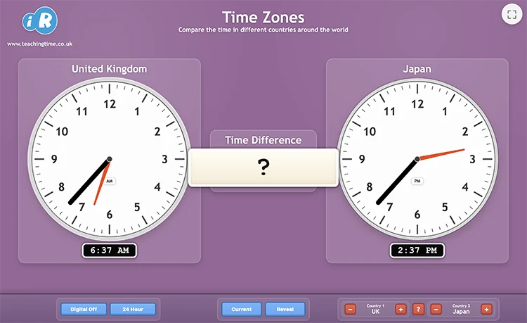 Time Zones teaching tool screenshot comparing clocks for different countries