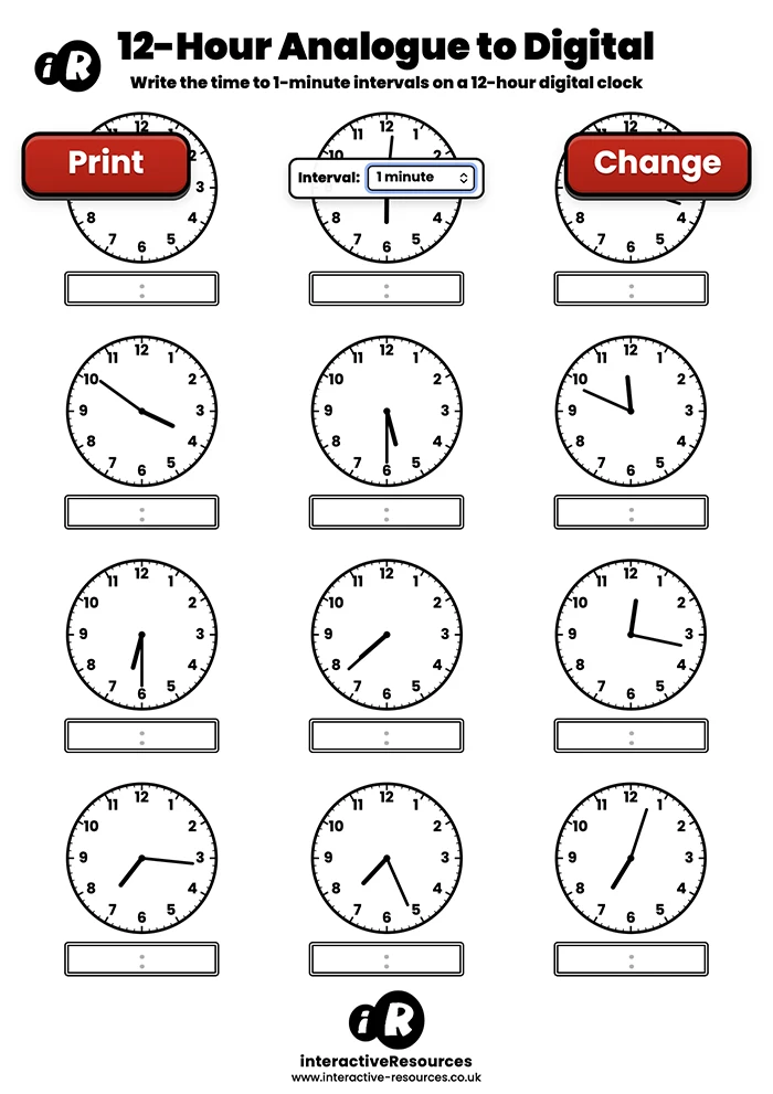 12 Clock Worksheet worksheet generator preview