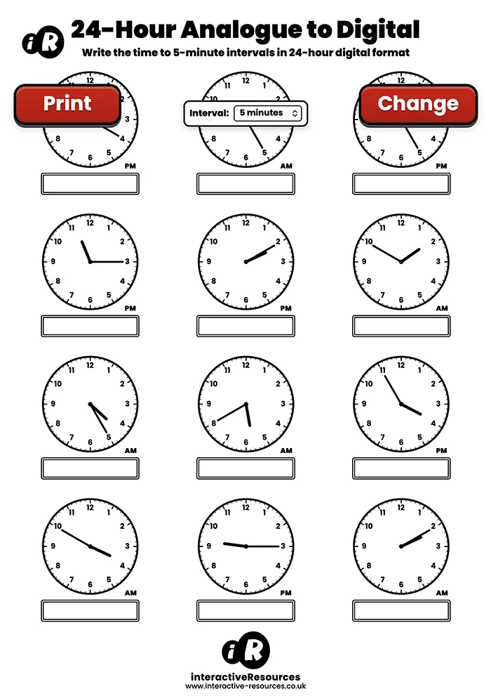 12 Clock Worksheet worksheet generator preview