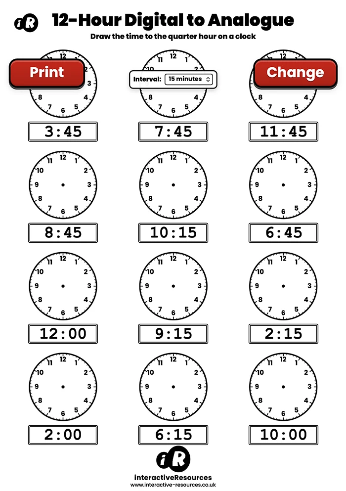 12 Clock Worksheet worksheet generator preview