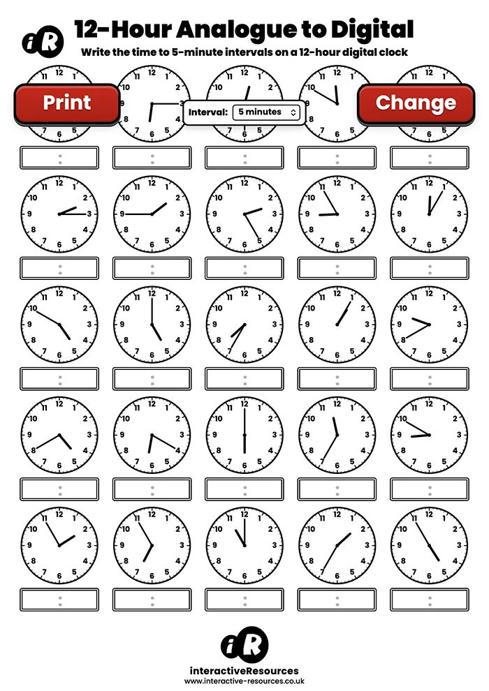 25 Clock Worksheet worksheet generator preview